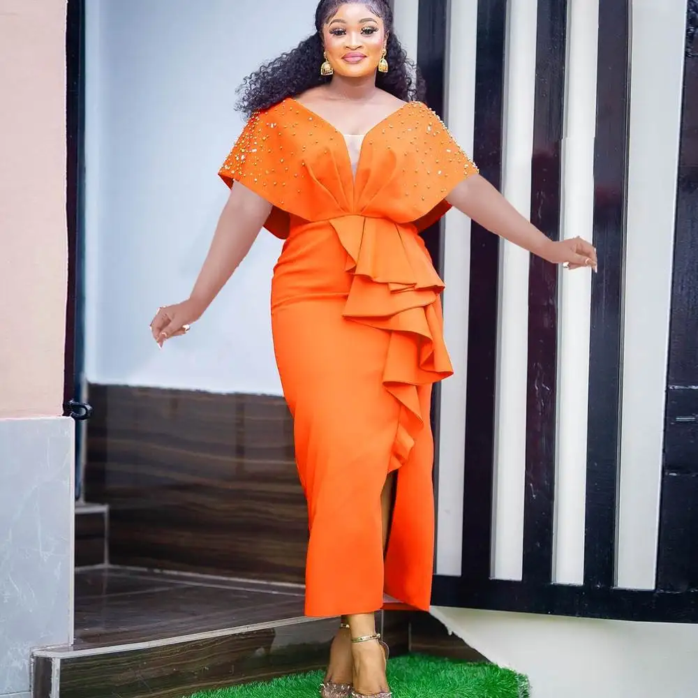 

Вечернее платье больших размеров, сексуальное, с жемчужной отделкой, пышное, с высокой талией, V-образным вырезом, на молнии, облегающее, длинное