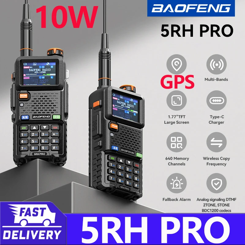 1 Uds Baofeng UV-5RH PRO GPS Walkie Talkie de largo alcance multibanda sin cables copia frecuencia NOAA tipo-c Radio de remolque portátil