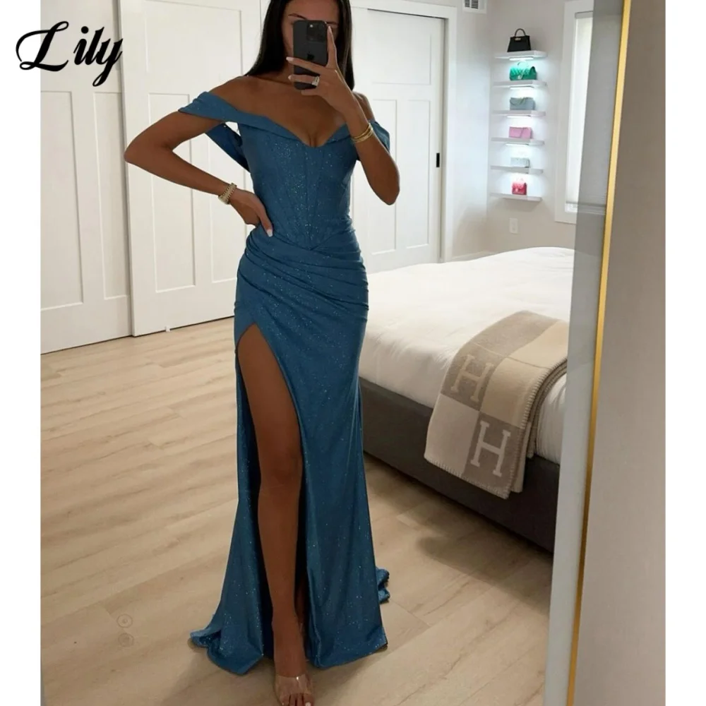 

Lily Blue Sexy Prom Dress Shiny Sequins Off the Shoulder Prom Gown V-Neck Side High Split Formal Dresses for Woman Customized