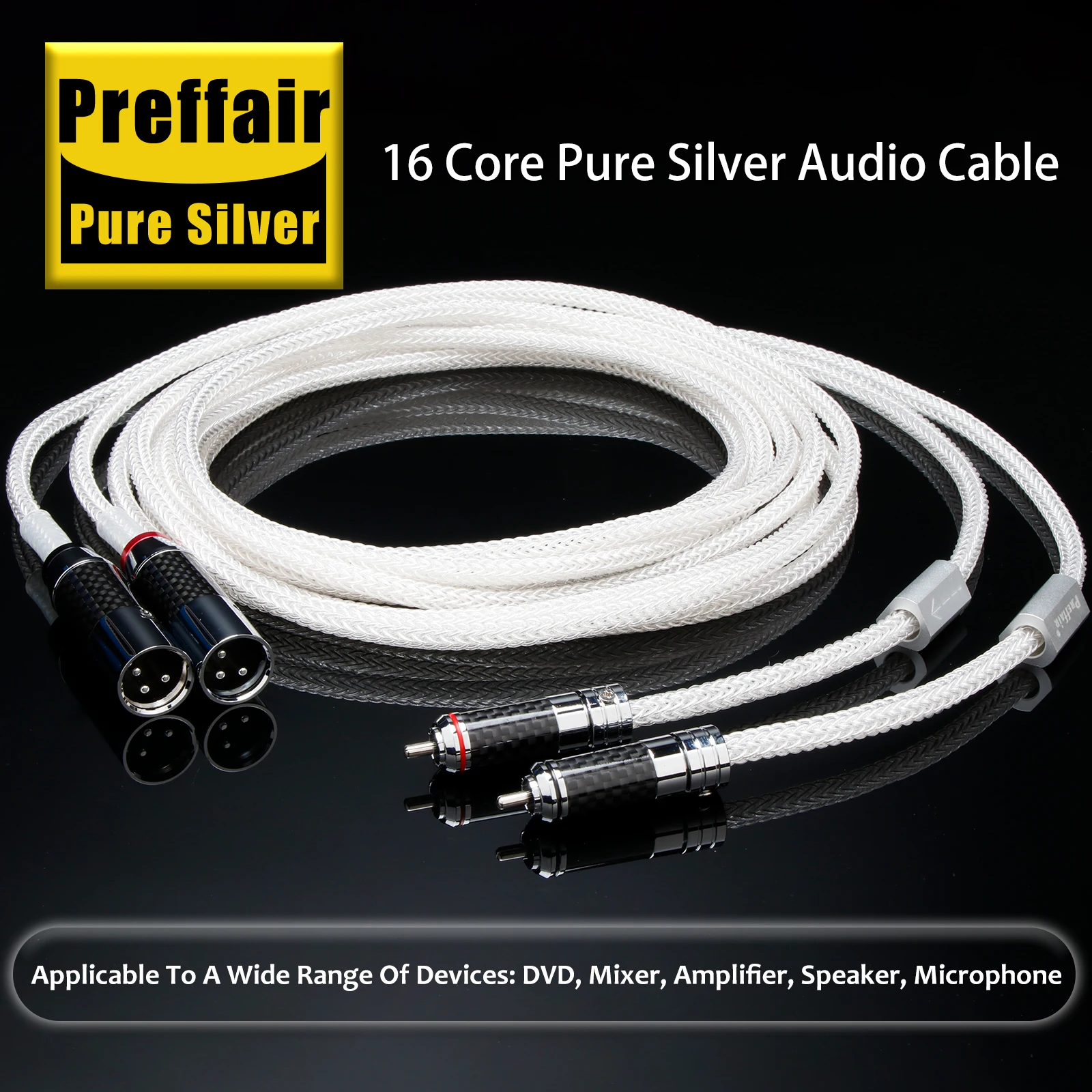 Pure Sillver RCA to XLR Audio Cable 16cores Audiophile rca to xlr male/female with carbon fiber rhodium plated plug for Speaker