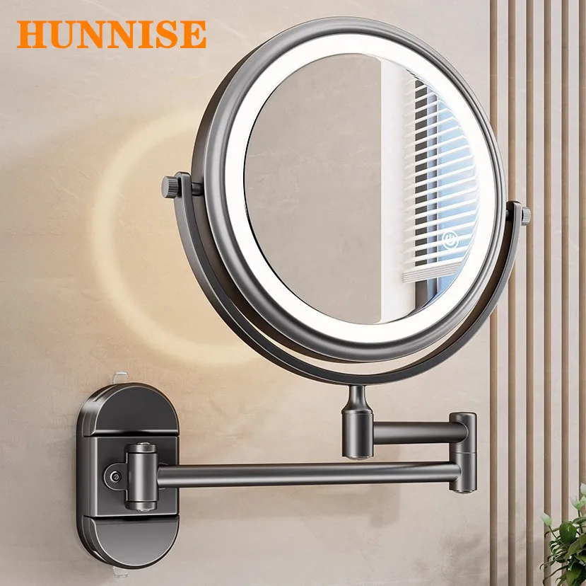 

Серые сенсорные светодиодные складные зеркала для ванной комнаты, адсорбционное 3-кратное увеличительное зеркало для макияжа, аксессуары, светодиодные зеркала для ванны