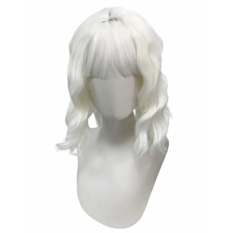 Platinum Blonde Short Wavy Bob Wig Synthetic Curly Bangs Layered Fashion Princess Anime Costume Wig Halloween Cosplay Party