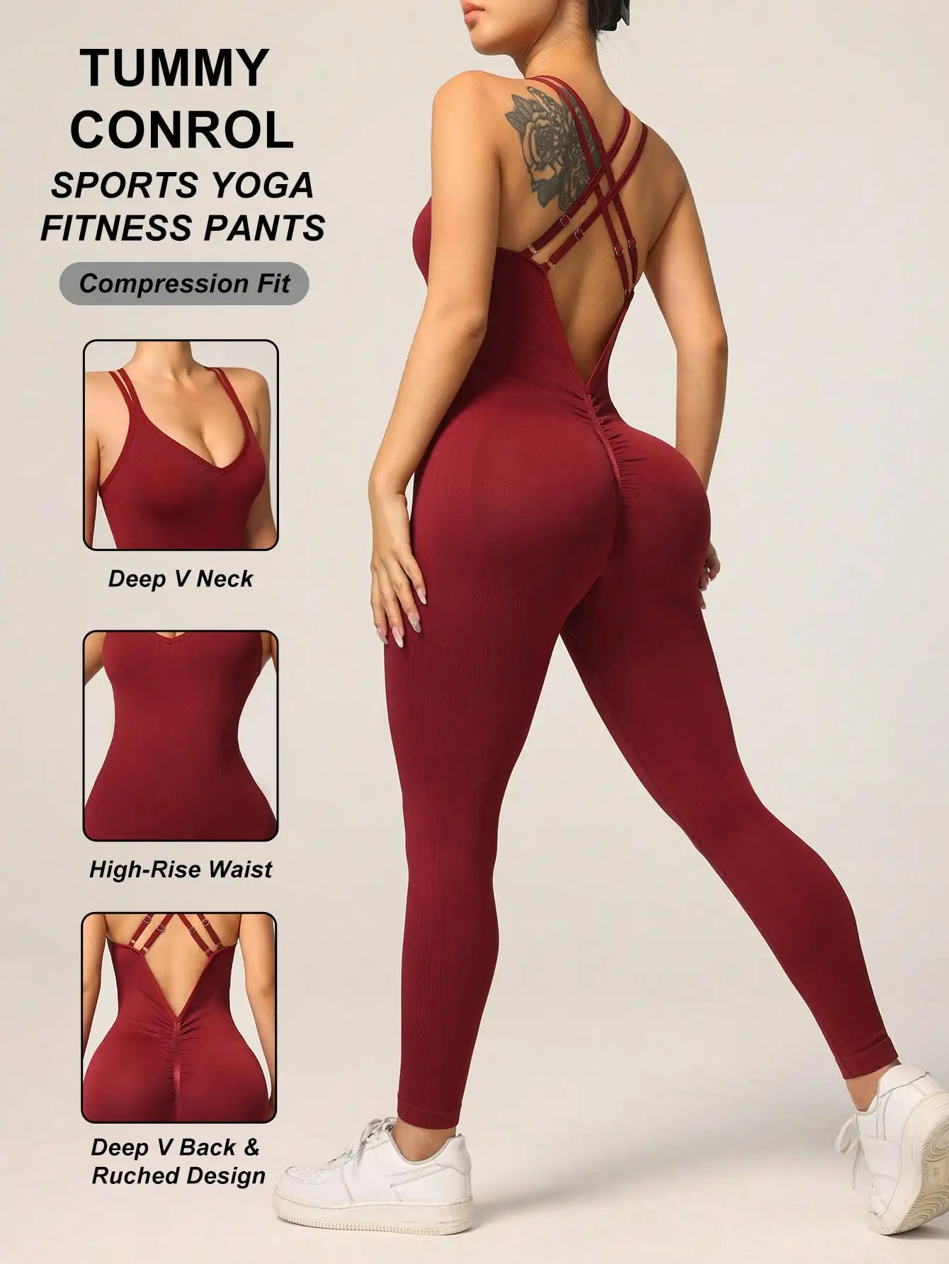Women's Backless Yoga Bodysuit Cross Strap Ribbed Compression Unitard High Waist Butt Lifting Ruched Jumpsuit