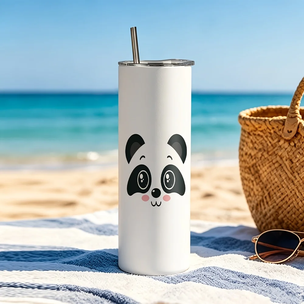 1pc/20oz/590ml/Double Wall Stainless Steel Insulated Skinny Tumbler with Straw And Lid,Outdoor Travel Coffee Mug,Cute Panda Face Design Festive Gift Option,Warm Gifts for Family And Friends In Autumn and Winter Seasons,Holiday Party Supplies view 2