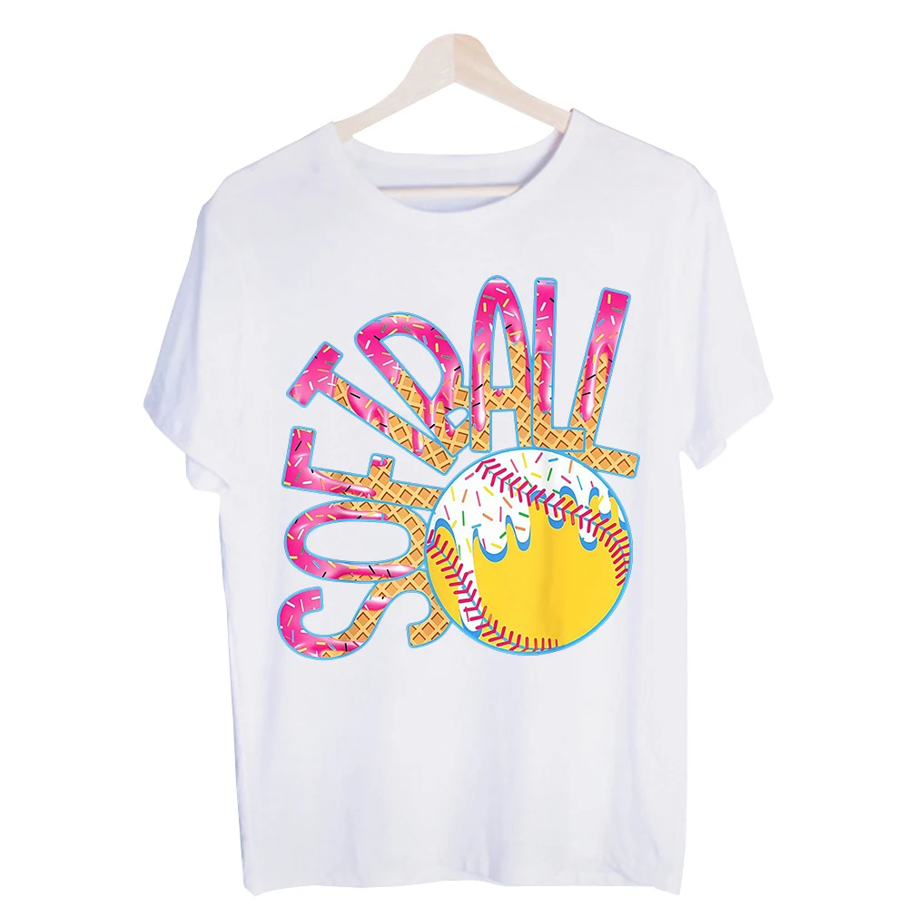 Women's Softball Ice Cream Cone Graphic Tee, Short Sleeve Crew Neck T-Shirt for Summer Casual Outfits