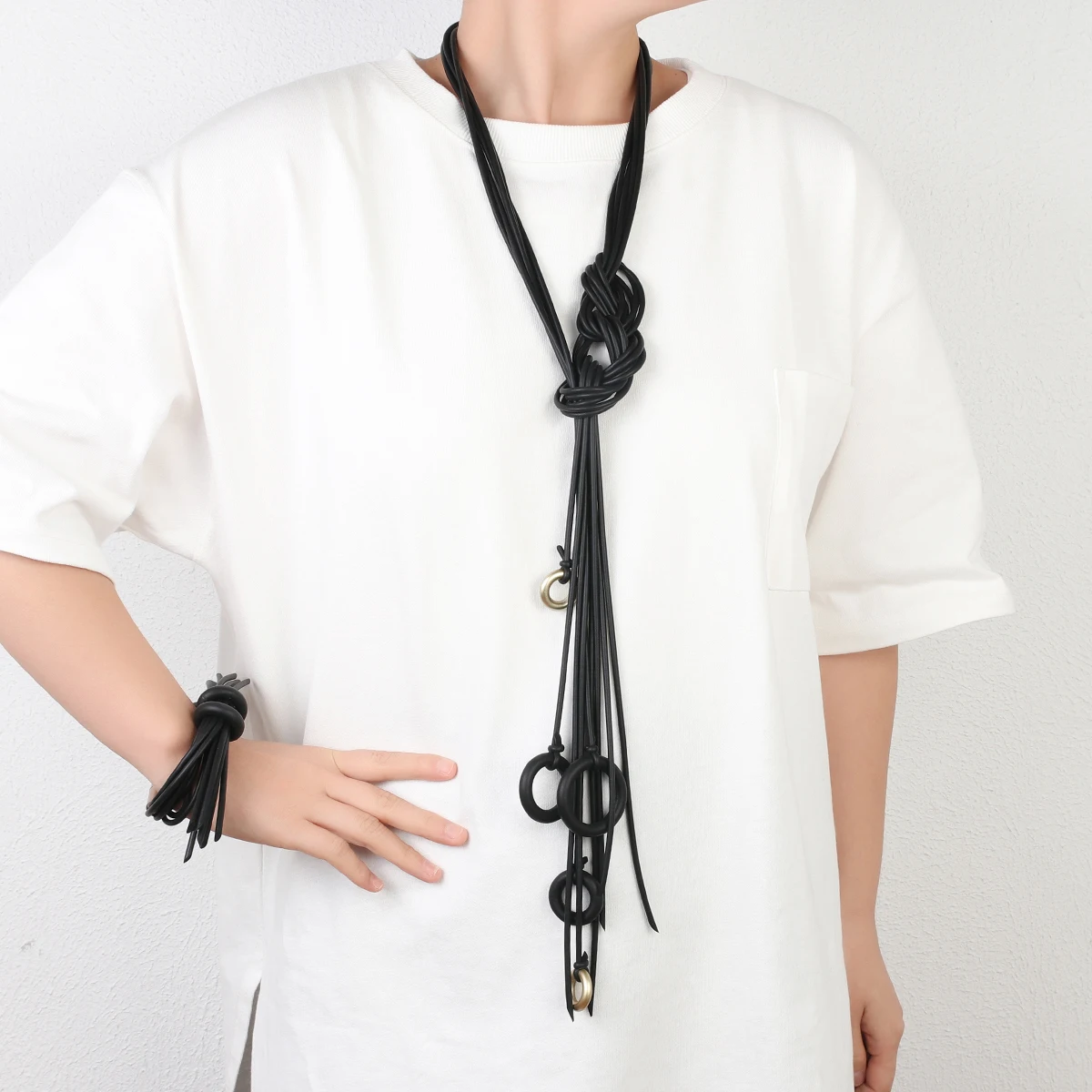 

Amorcome Handmade Women Statemet Necklace Punk Style Long Black Rubber Necklaces Vintage Hyperbole Clothes Accessories Jewellery