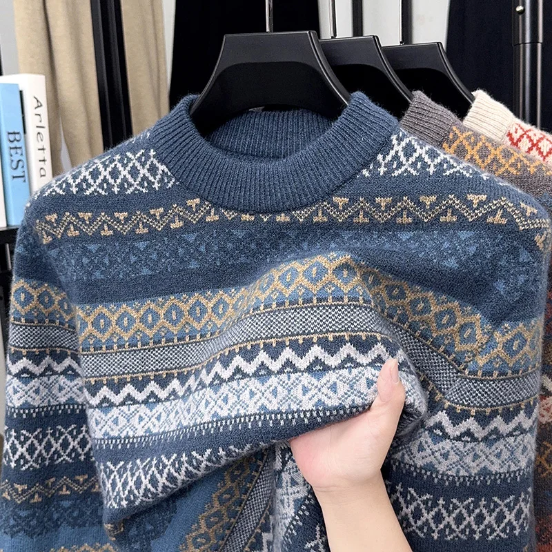 

Fashion ethnic style personalized round neck sweater men high-quality exquisite jacquard design winter casual knitted pullover