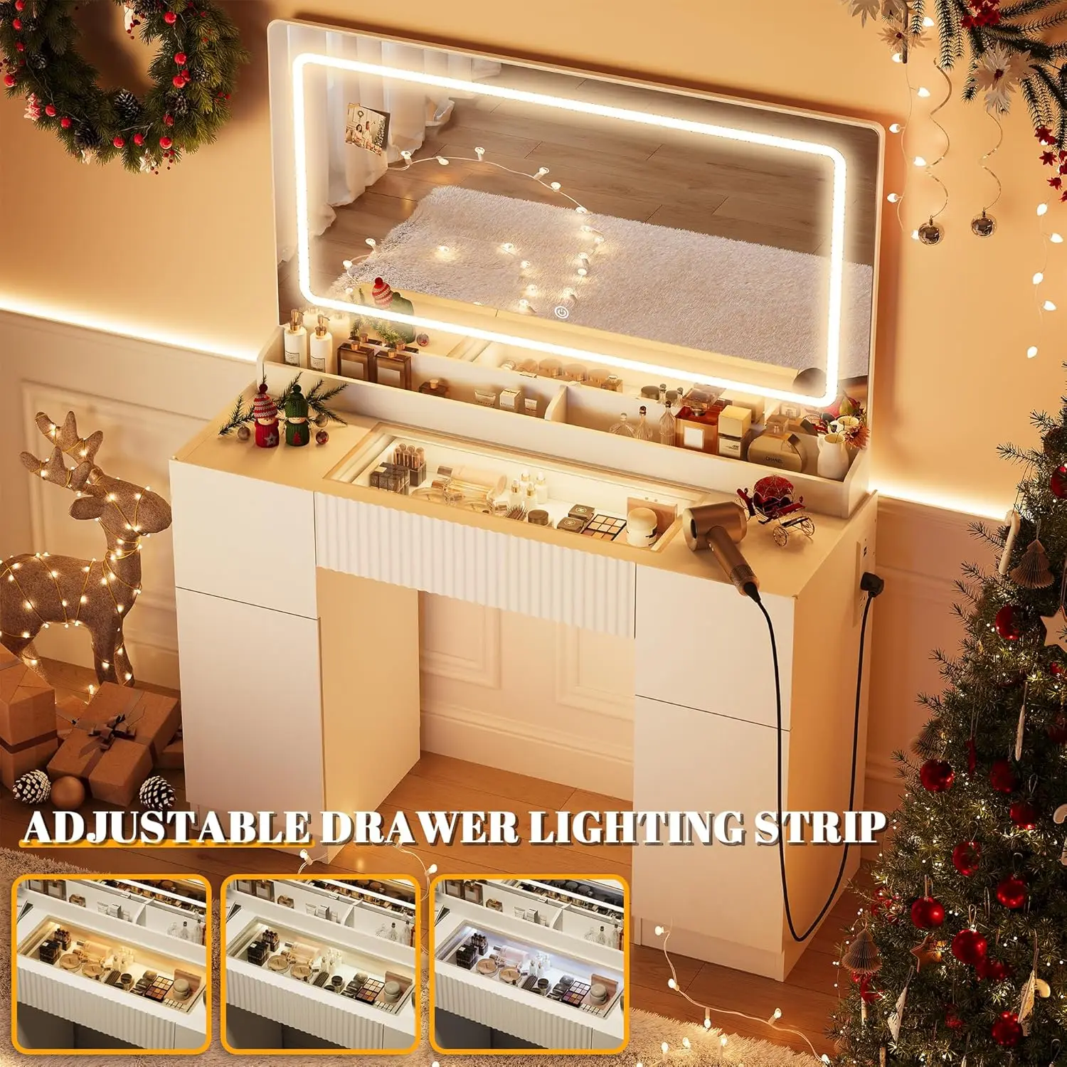 Pure White Modern Glass Top Makeup Vanity Set with Power Outlet, 3 Drawers, 2 Cabinets and Adjustable Lighting for Bedroom