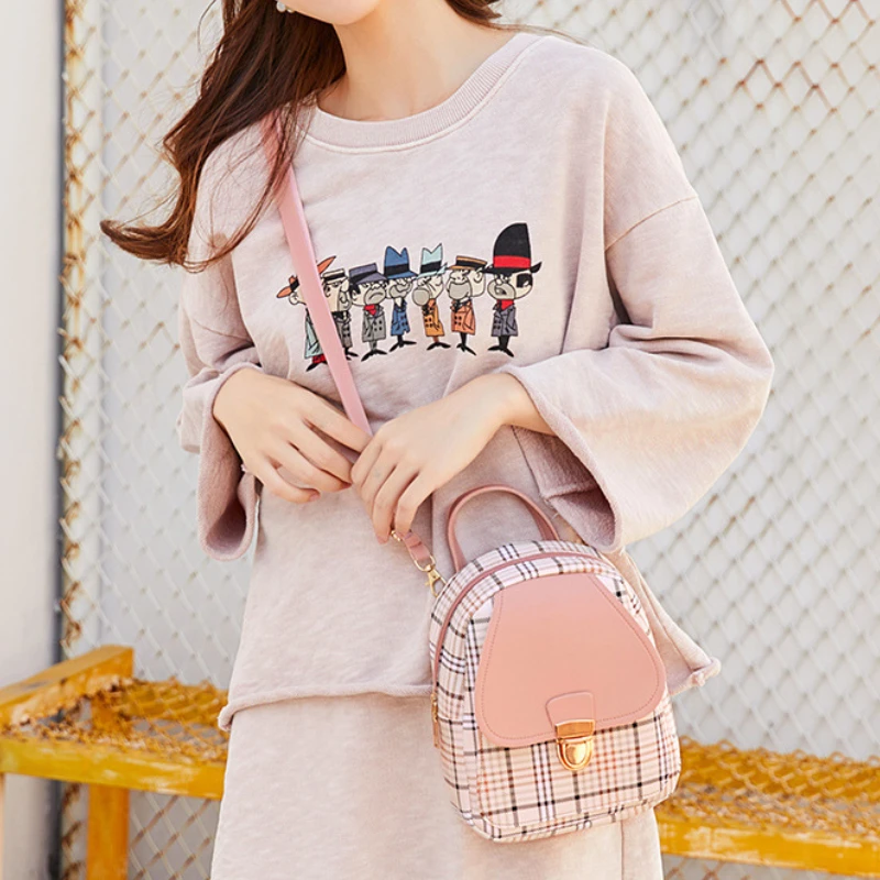 Women Bag Fashion Plaid Backpack Cute Small Backpack Zipper Casual Shoulder Bag Card Wallet Mobile Phone Lipstick Key Bag