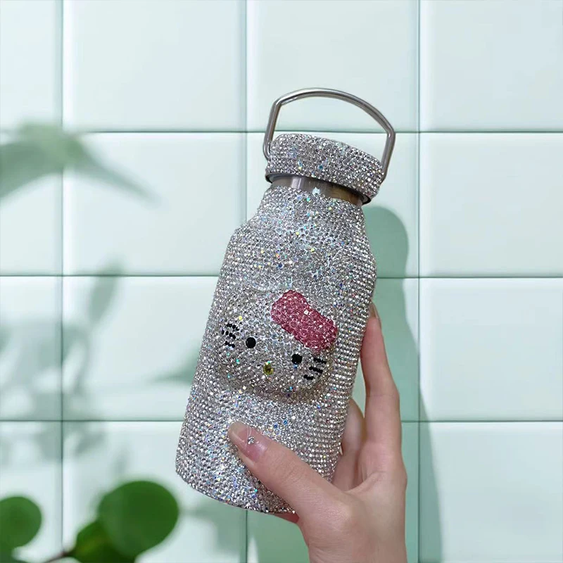 Sanrio Hello Kitty Stuff Thermos Cup Diamond-Embedded Portable Handmade Water Cup Coffee Mike Bottle Gift For Women Girls 350ml