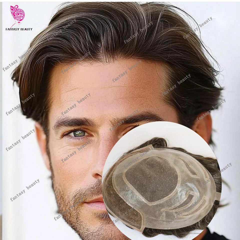 

Dark Brown Grey Breathable Lace Front &Skin Pu Male Wig Natural Hairline 100% Human Hair Men Toupee Versalite Capillary Prosthes