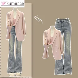 Autumn Wear Women's 2023 New Korean Sling Set Coat Jeans Three Piece Set Sling Two Piece Set Womenwinter Clothes Women Pants