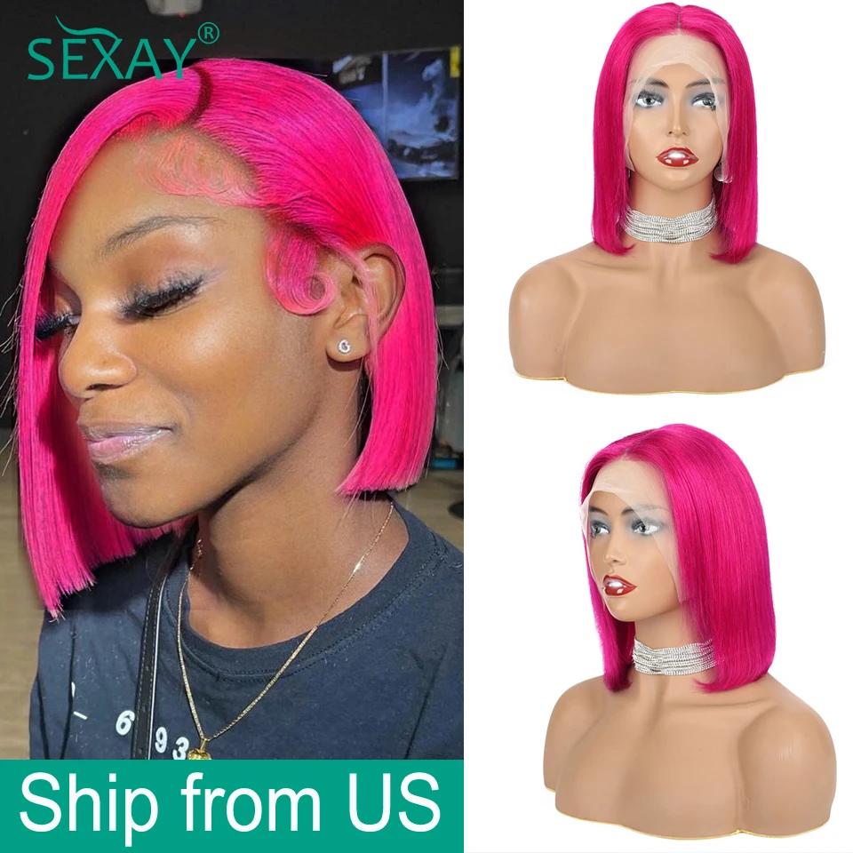 

Hot Pink Short Bob Human Hair Wigs Ship From US Blunt Cut Style 13x4 Transparent Lace Frontal Wig Pink Short Lace Front Wigs