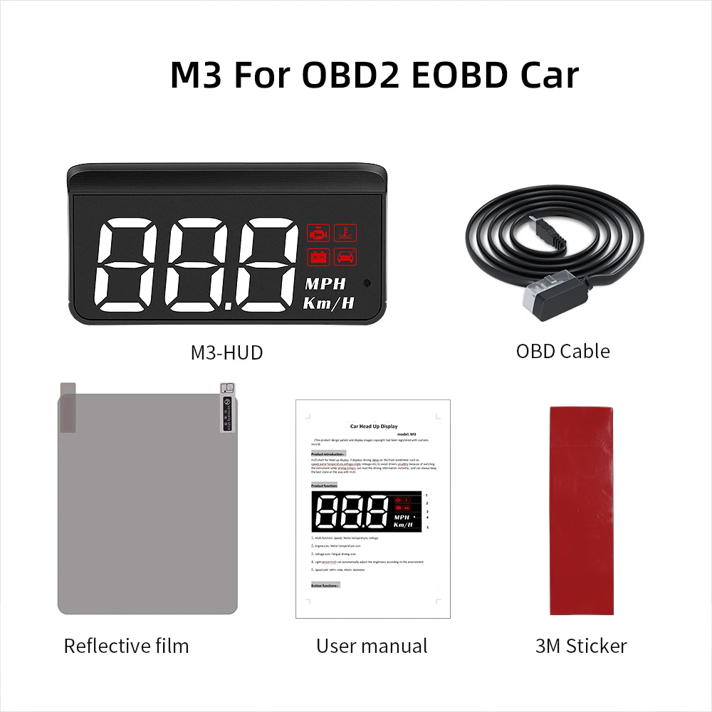 M3 Auto HUD OBD2 Head Up Display Projection on Glass Car Speed Windshield Projector Speedometer Alarm Electronic Accessories