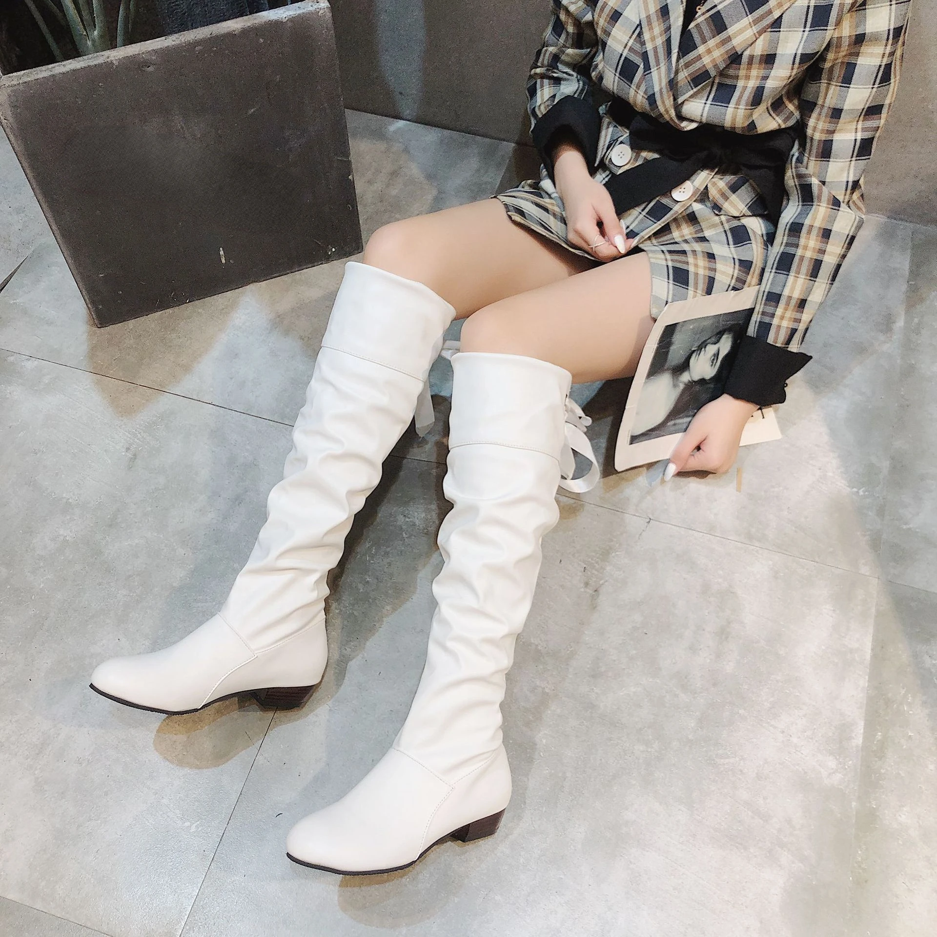 Shoes for Women 2023 Spring Knee High Boots Red Black White Tall Boots Woman Pleated Low Heel Casual Leather Female Long Shoes