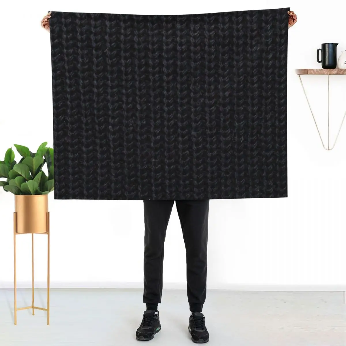 Black Knitted Wool Throw Blanket Color Fast Cozy Throw Blanket