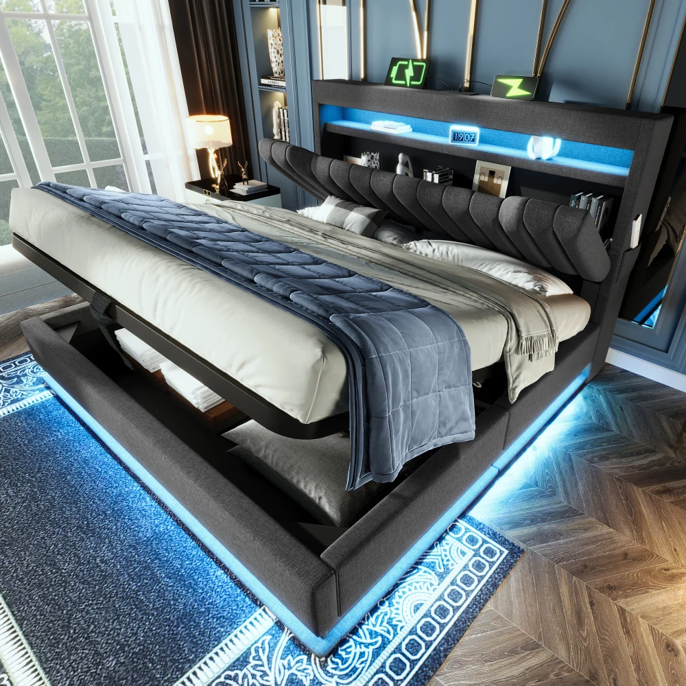 PINGGO Upholstered Bed 135 x 190 cm with LED Lighting, USB Type-C Charging,4ft6 Hydraulic Storage Bed, Linen, Grey (No Mattress)