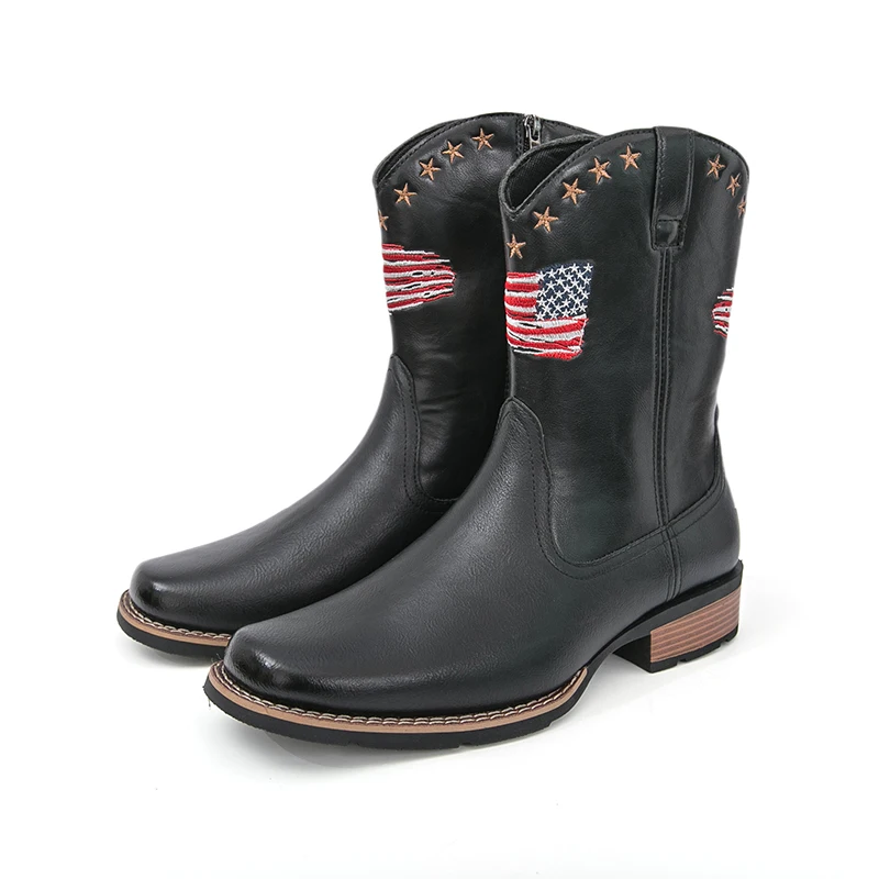 

Men's Classic Vintage Western Cowboy Boots Comfortable Non-Slip Sole Flag Embroidery Side Zipper Ankle Leather Boots For Men