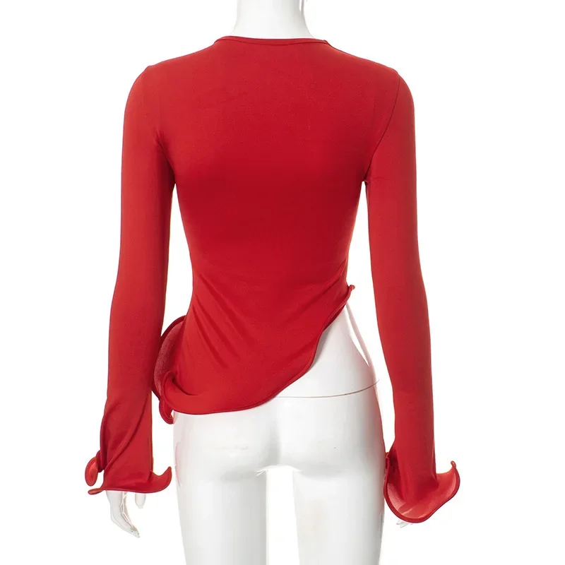 Red Long Sleeve T-shirt Women Fashion Ruffle Irregular Bodycon Tops Autumn Winter Tees Causal Round Neck Bacis Y2K Crop Top 2024