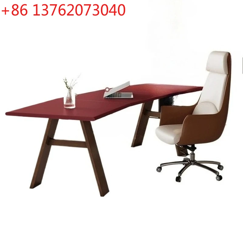 

Italian minimalist saddle leather solid wood office boss desk computer desk curved office workbench