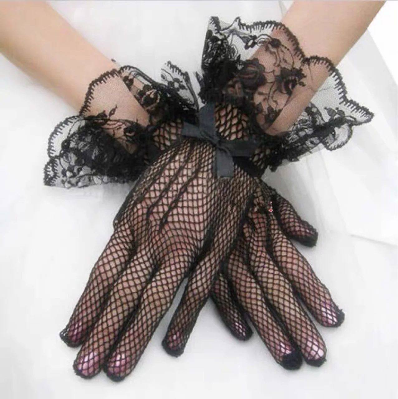 Black Fishnet Gloves with Ruffled Trim - Gothic Victorian Style Sexy Lingerie Accessory Halloween Costume Burlesque Steampun