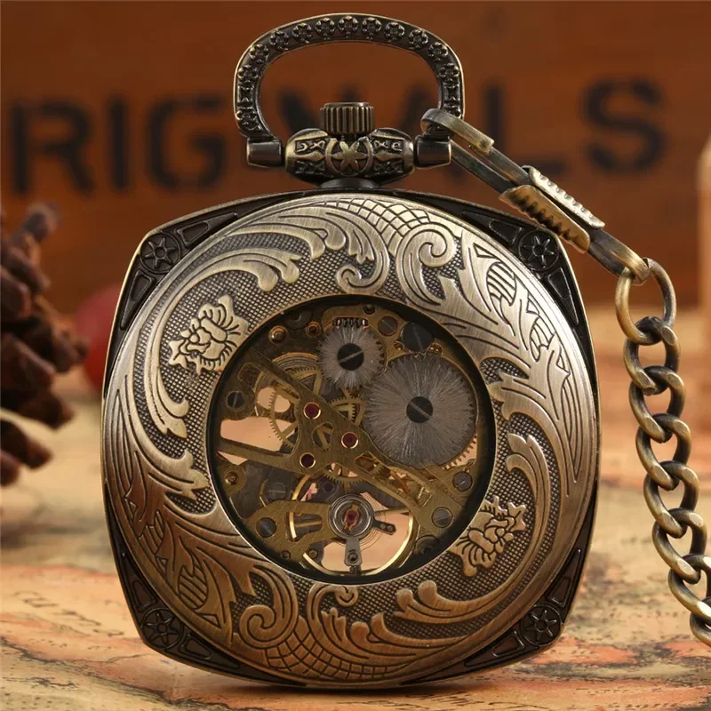 Bronze Square Case Men Women Handwinding Mechanical Pocket Watch with Pendant Chain Skeleton Clock Retro Timepiece