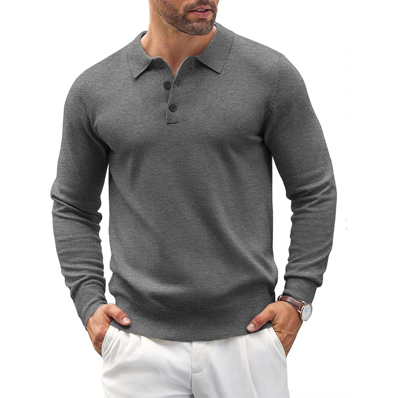 Outdoor Herren Strick-Poloshirt mit langen Ärmeln, lässig, klassisch, Poloshirts, Button-Down-Pullover, Thermo-Pullover, leichter Pullover
