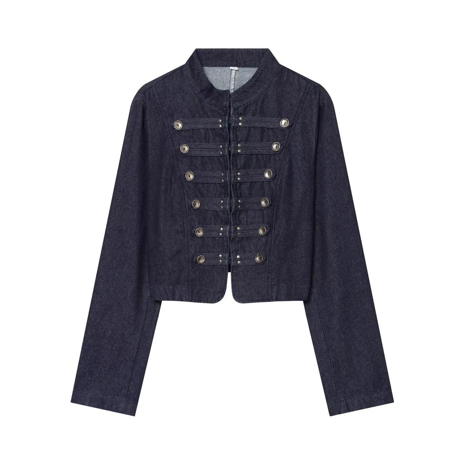 Spring Summer New Arrival Women's Napoleon Retro Stand Collar Long Sleeve Button Decorated Denim Jacket Short Outerwear