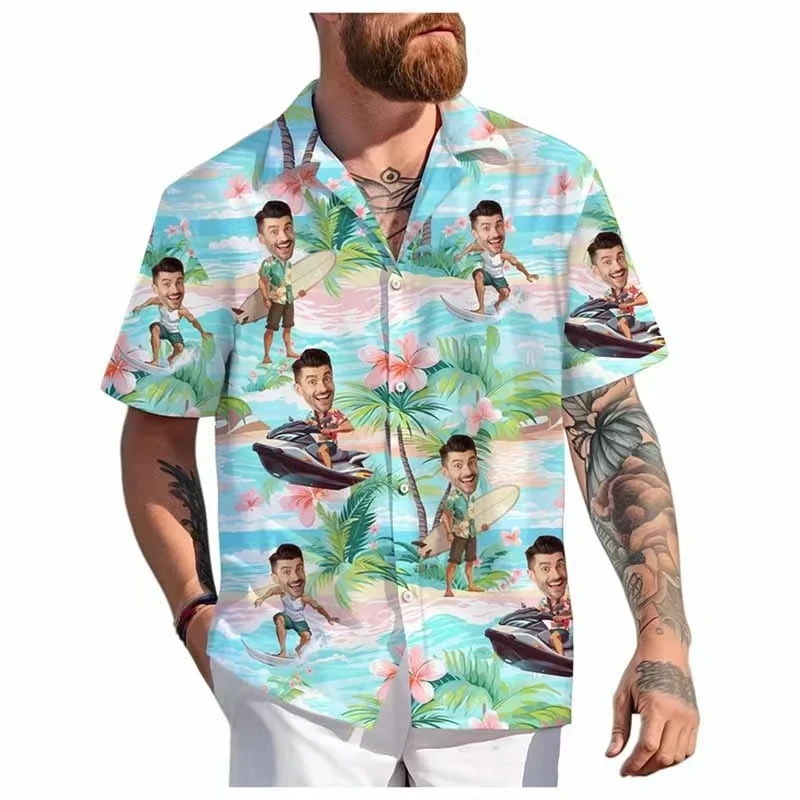 

2025 Hawaiian Shirts Unisex 3D Printed Funny Face Personalized Men's Beach Shirts Lapel Short Sleeves Female Shirt Tops
