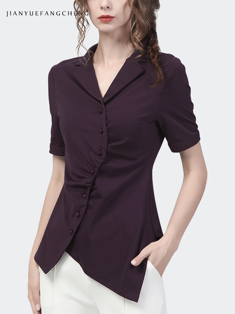 Fashion Women Summer Short Sleeve Purple Knitted Shirt Elegant Suit Collar Asymmetrial Button-Down Top Sexy Stretching Blouses