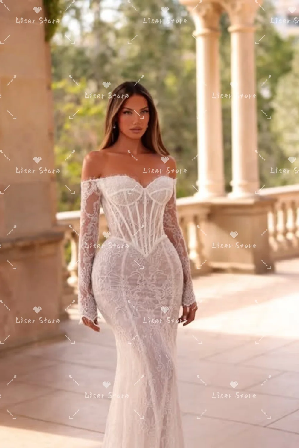 Liser Customized Ivory Off Shoulder Long Sheer Lace Mermaid Wedding Dress Sweetheart Collar Fitted Silhouette Scalloped Lace