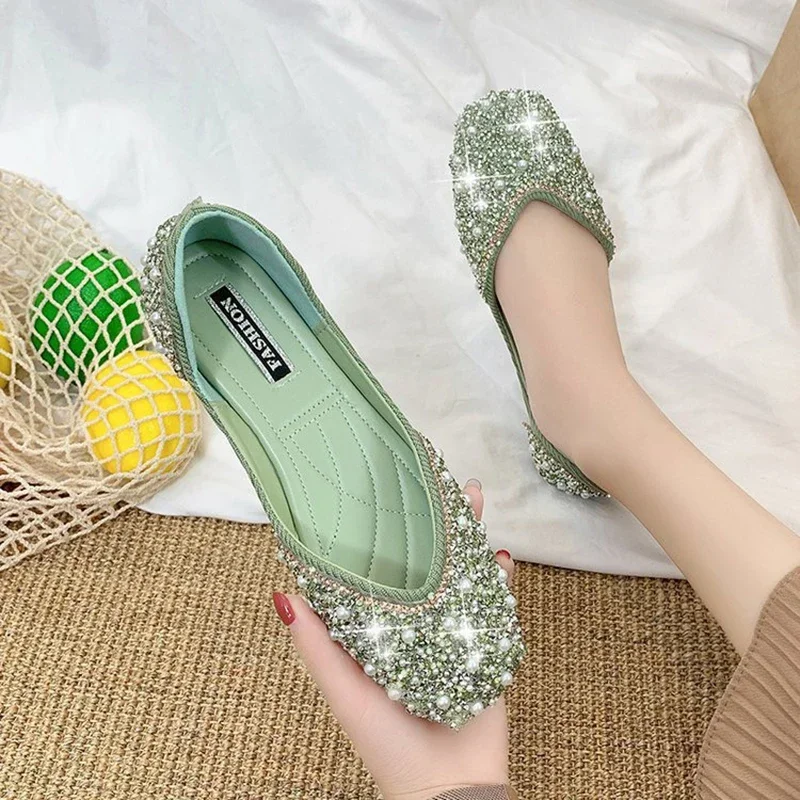 

Glitter Crystal Pearl Studs Ballet Shoes Women Square Toe Slip on Loafers Cozy Shallow Cut-out Ballerina Flats Moccasins Female