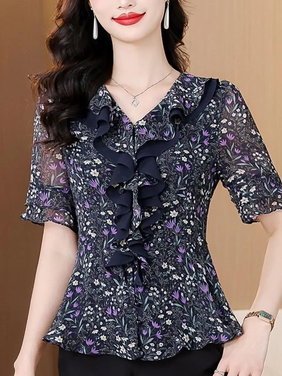 conjunto-feminino-de-verao-novo-estilo-blusa-de-chiffon-manga-curta-com-estampa-floral-cintura-marcada-e-borda-em-campana