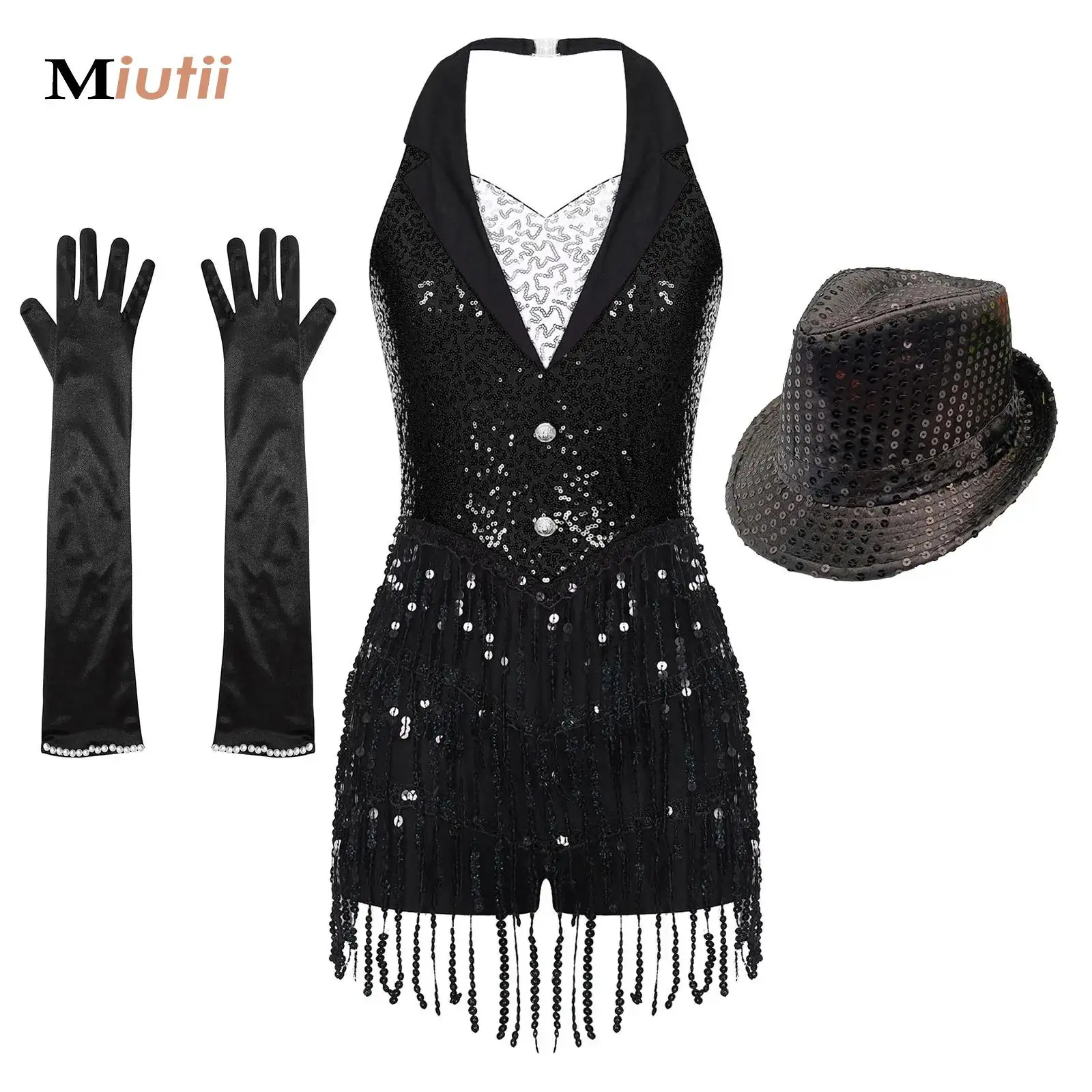 

Women Sparkling Sequin Fringe Bodysuit Sexy Tassel Leotard Jazz Dance Costume with Gloves Hat Stage Performance Dancewear Set