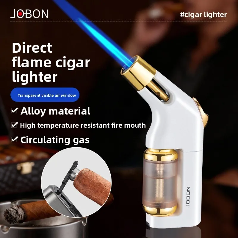 JOBON Blue Flame Cigar Lighter Transparent Visible Gas Chamber Bottom Folding Cigar Scissor Slide Ignition Small Tool