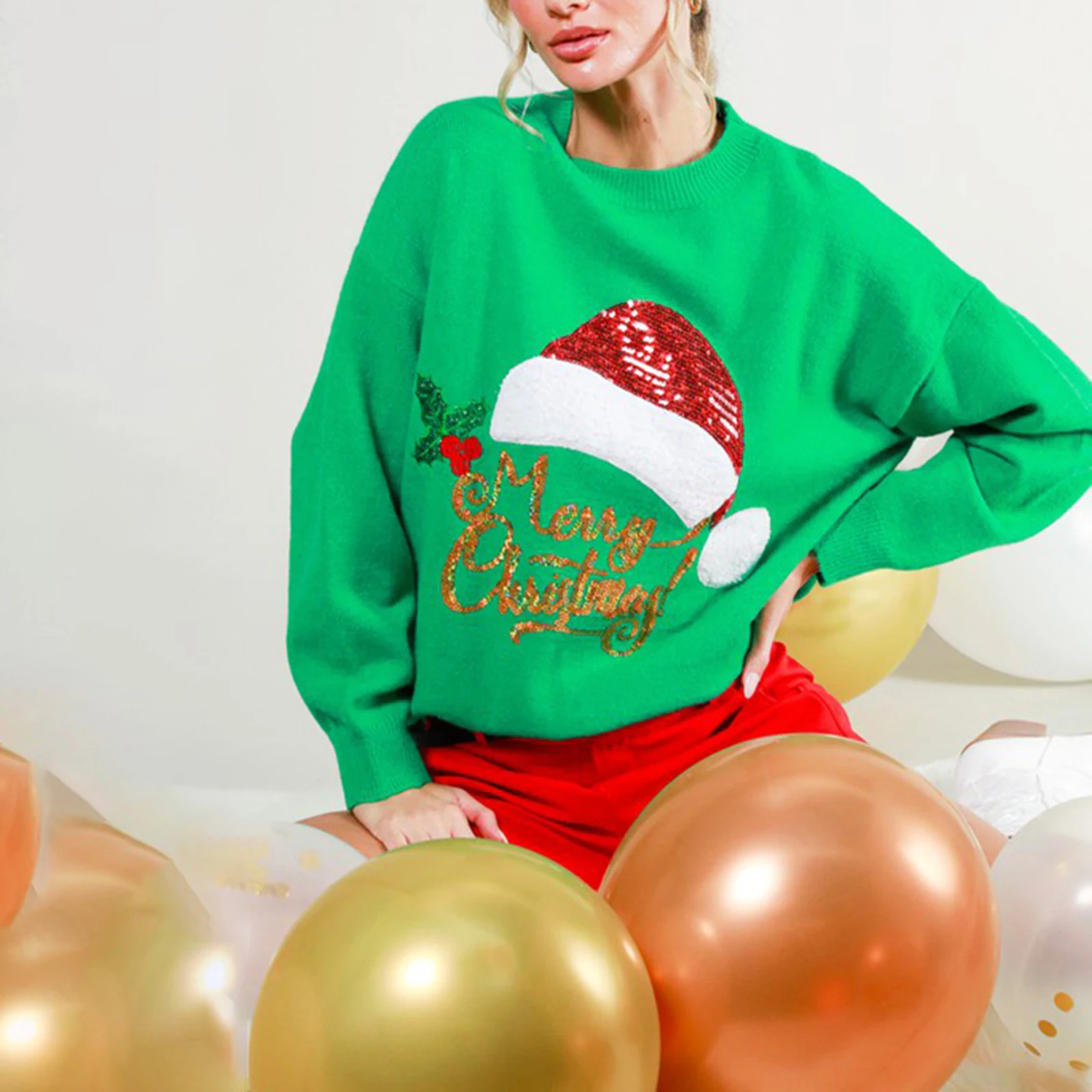 Combhasaki Maglioni natalizi da donna con paillettes glitterate modello cappello da Babbo Natale manica lunga girocollo vestibilità ampia pullover maglieria top