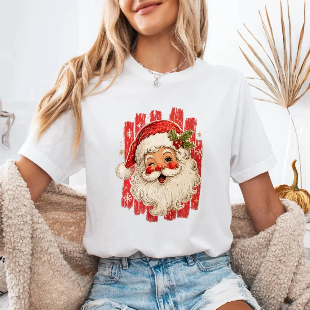 Striped Santa Retro Santa Claus Tshirt Sparkle Santa Vintage Christmas Gifts Tees Retro Christmas Shirt Unisex Cotton Casual Tee