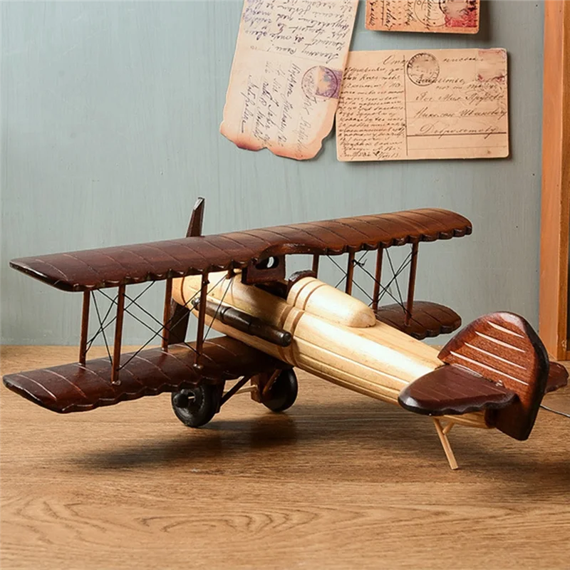 

A43F-Retro Aircraft Handicraf Wooden Airplane Model,Vintage Biplane Model Desktop Decoration Photo Props Souvenir Collectible