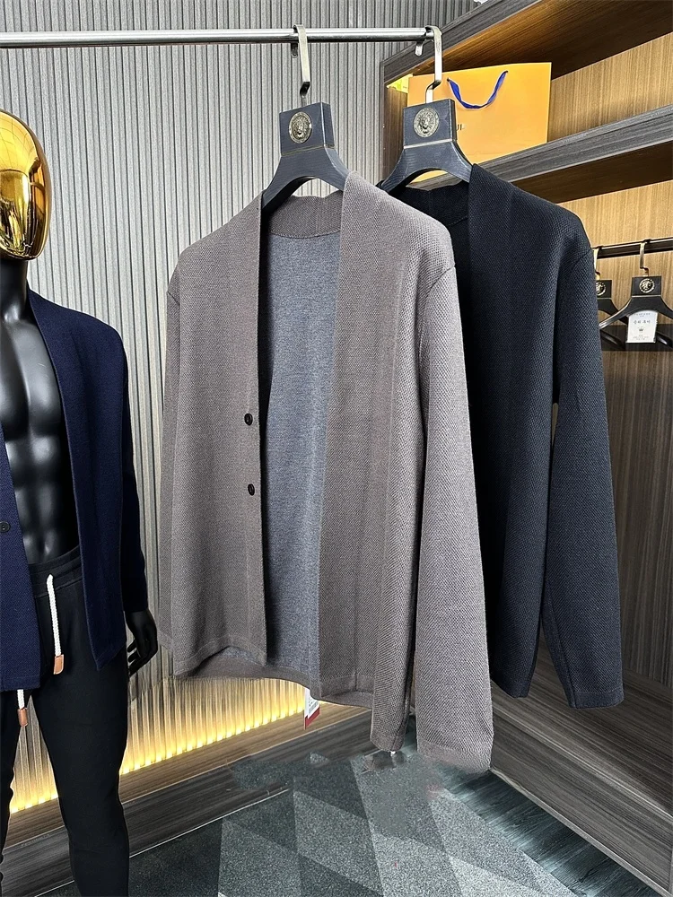 

Мужской приталенный трикотажный кардиган на двух пуговицах для весны и осени, повседневная верхняя одежда, модный бренд, зимний трендовый кардиган с длинным рукавом и V-образным вырезом
