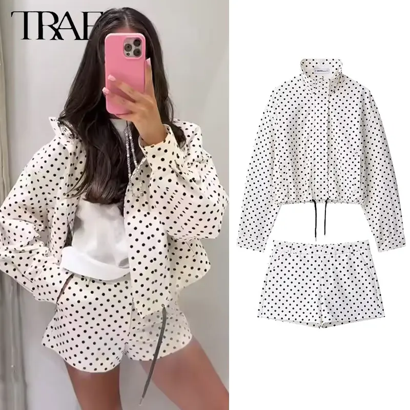 

Шорты в горошек, комплект куртки, женское свободное пальто на молнии с лацканами и длинными рукавами, короткие брюки на шнурке, осень 2024, уличный женский костюм