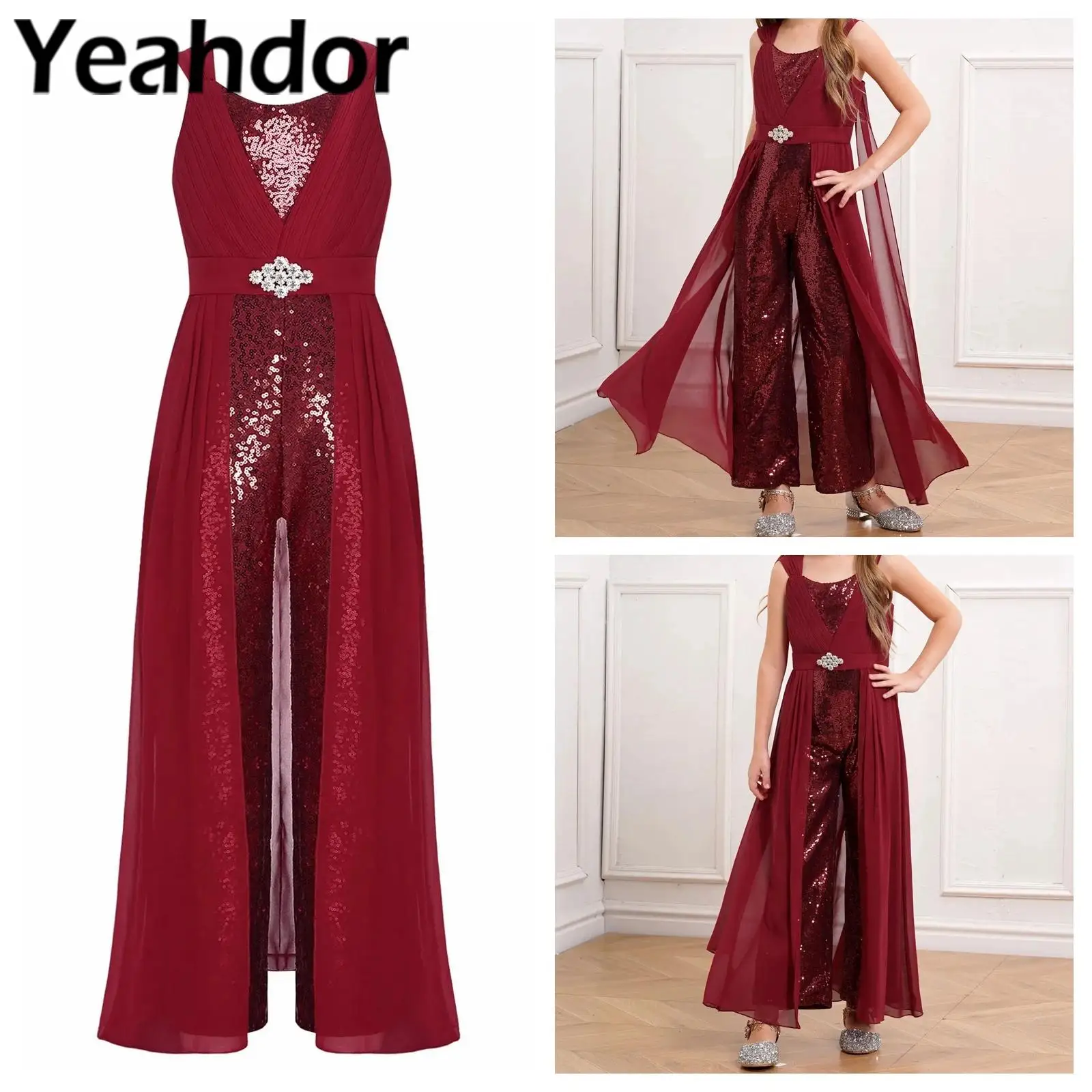 

Junior Bridesmaid Dress Sparkly Sequin Girls Party Rompers High Waist Pageant Wedding Chiffon Jumpsuit for Ball Prom Costumes