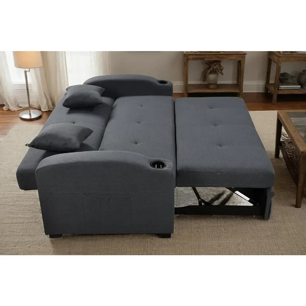 

Queen 75'' Convertible Sofa Bed with Cup Holders, Linen Loveseat Couch with Pull Out Bed and Adjustable Backrest，Sofa Bed