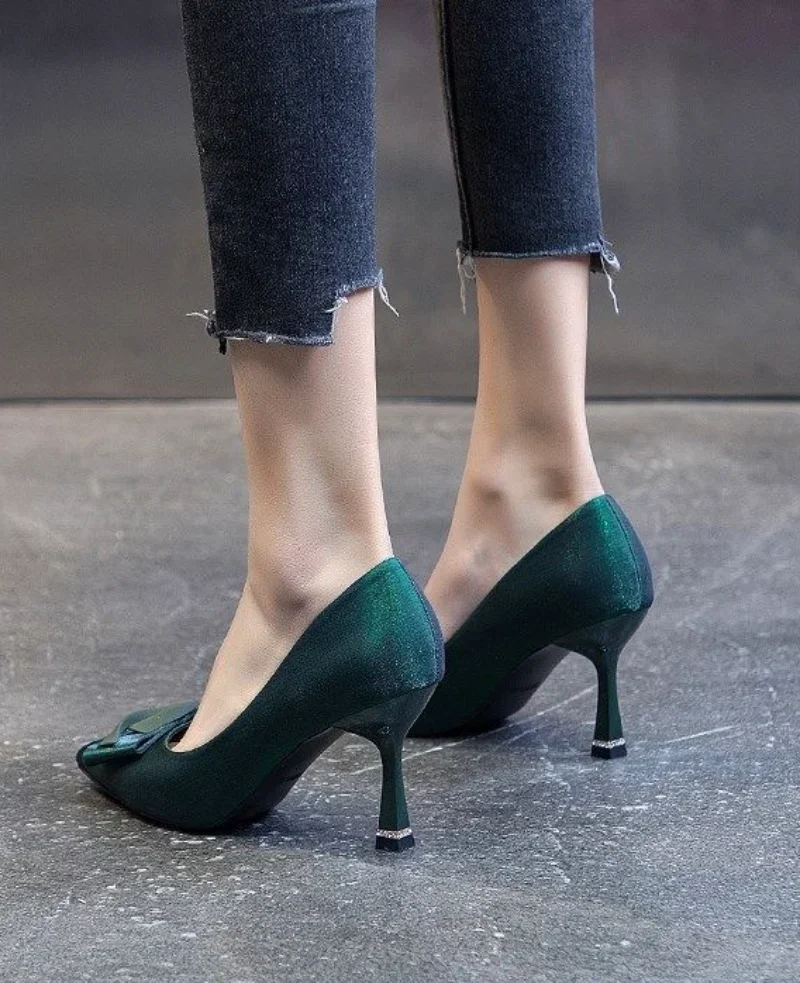 Pumps Evening Green Woman Footwear on Heeled Pointed Toe Shoes for Women Party High Heels Thin Non Slip E L Stylish Spring Young