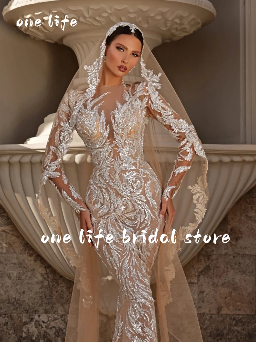 Champagne Embroidery Beaded Lace Wedding Dresses Detachable Train Exquisite Long Sleeve Bridal Gown Customized Vestidos de novia