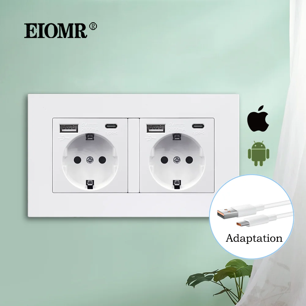 EIOMR EU Standard USB Socket, with Type C Charging Port Outlet, 16A AC 110~250V 146mm * 86mm Double Frame Wall USB Power Socket