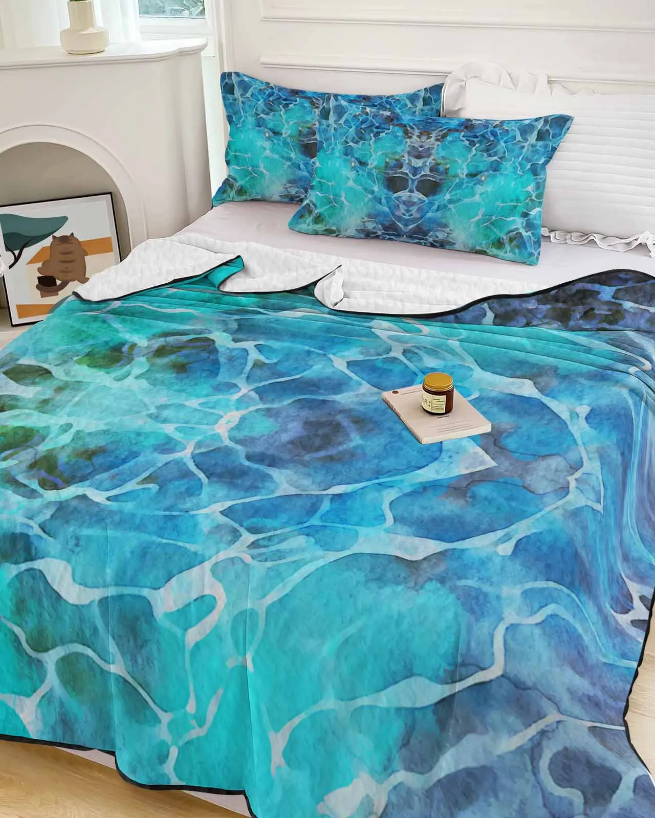 Summer Watercolor Ripple Ocean Cooling Blankets Air Condition Comforter Lightweight Summer Quilt for Bed Soft Thin Quilt