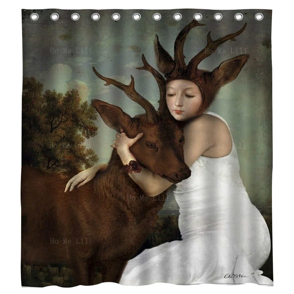 Holding An Elk And A Woman With Antlers And She's Wearing A White Dress Shower Curtain By Ho Me Lili For Bathroom Decor