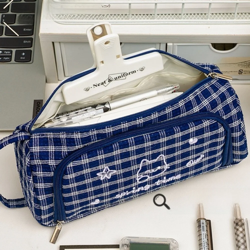 Large Capacity Embroidered Pencil Case Handheld Design Multi-Layer Structure Pen Bag Cat Embroidery Detail Plaid Pattern