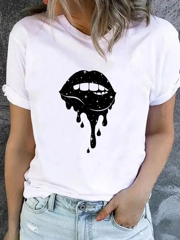 Camiseta estampada de manga curta feminina, roupa feminina, tendência labial, roupa estilo adorável anos 90, camiseta básica, moda