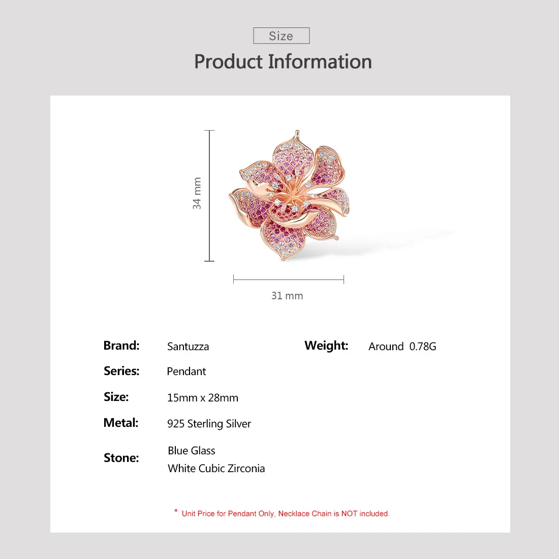 SANTUZZA 925 Sterling Silver Pendant For Women Lab Created Ruby/Pink Sapphire White CZ Gradient Flower Pendant Fine Jewelry